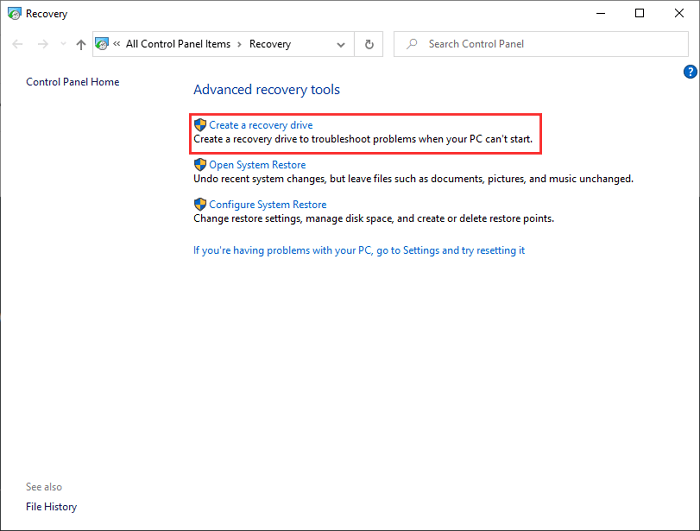 제어판에서 복구 드라이브 만들기