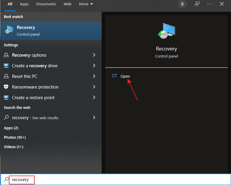 검색에 복구 입력