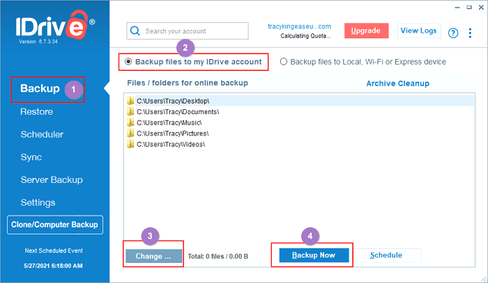 IDrive에 백업할 컴퓨터 파일 선택