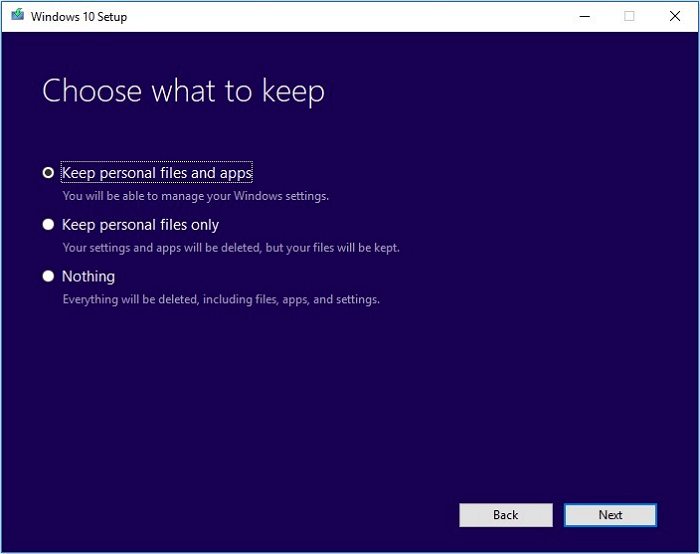 Windows 10을 설치하는 동안 유지할 항목 선택