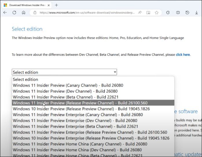 다운로드할 Windows 11 24H2 Insider 버전을 선택하세요