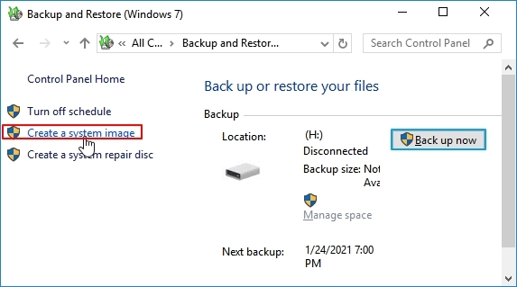 시스템 이미지 생성을 클릭하여 하드 디스크 데이터 백업 시작