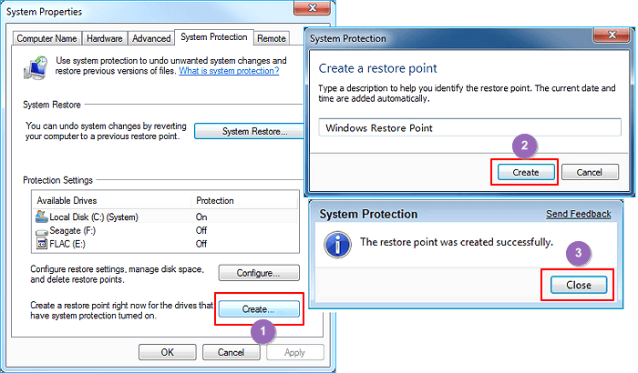 Windows 7에서 Windows 복원 지점 만들기