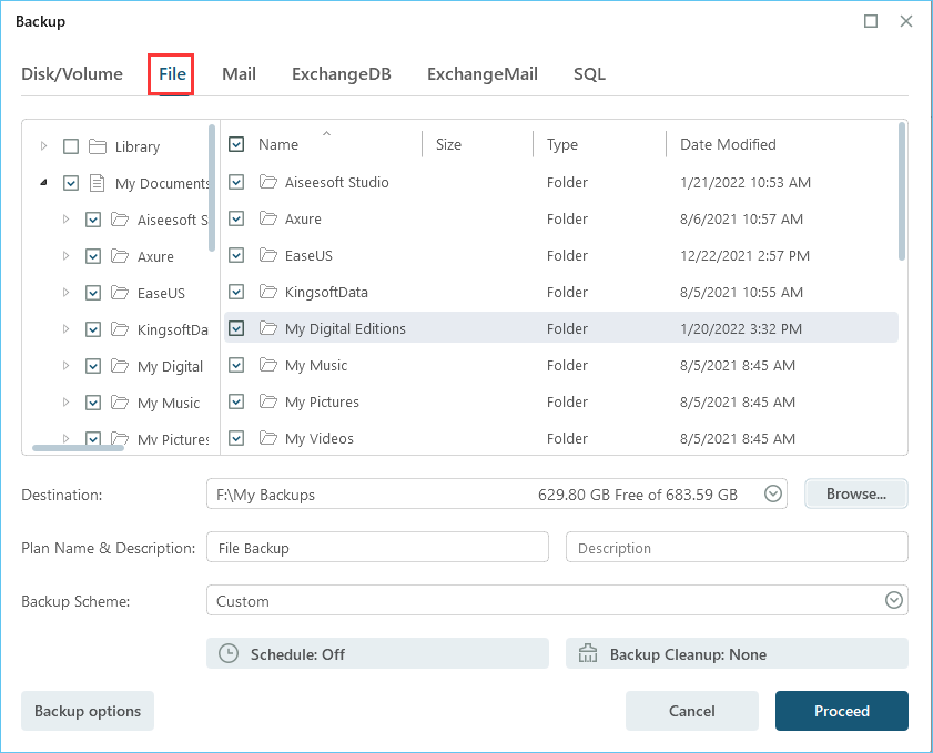 백업할 파일 선택