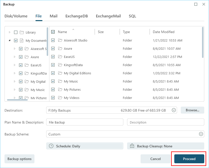 백업을 시작하려면 계속을 클릭하십시오