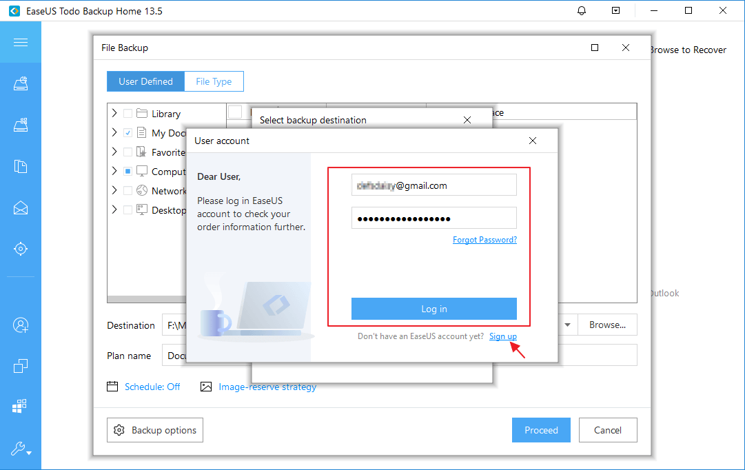 백업을 저장하려면 easyus 클라우드에 로그인하십시오