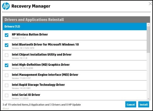 드라이버 및 응용 프로그램의 확인란을 선택하기