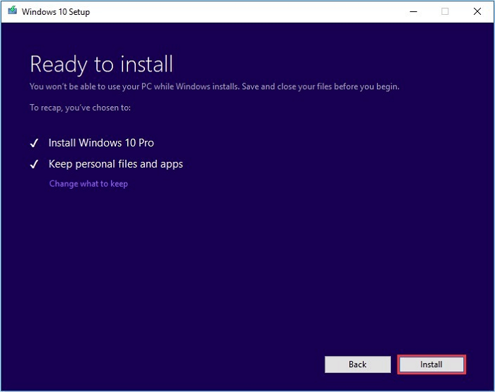 Windows 10 설치 및 모든 파일 유지 확인
