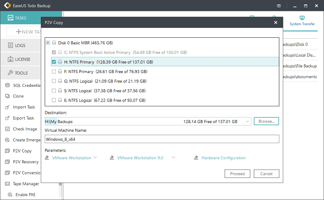 P2V에 적합한 솔루션을 사용할 경우 디스크 또는 파티션 선택