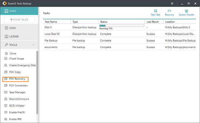 P2V에 좋은 솔루션 사용 시 생성된 백업 이미지 선택