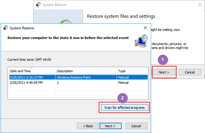 원하는 복원 지점을 선택하십시오