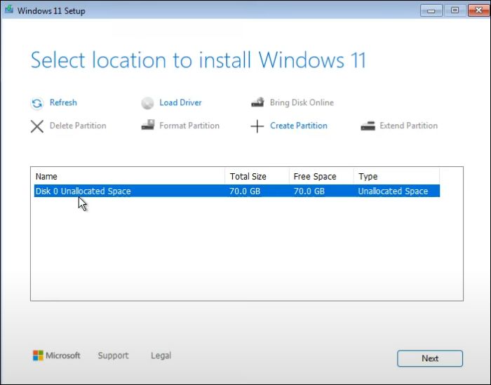 Windows11을 설치할 드라이브를 선택하세요