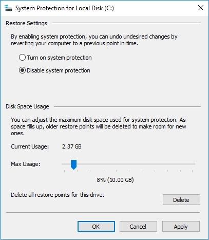 로컬 디스크에 대한 시스템 보호