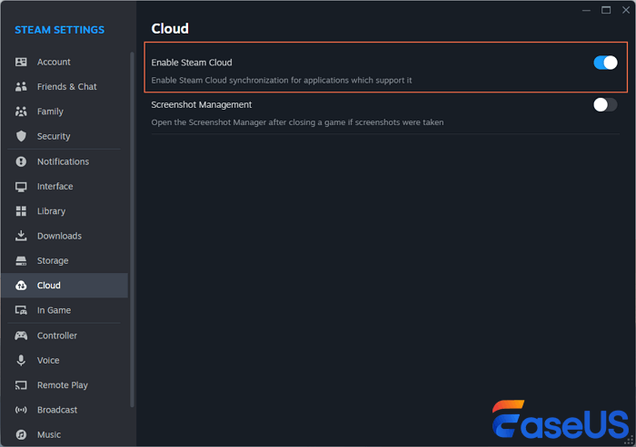 Steam 클라우드 동기화 활성화 상자를 체크하세요