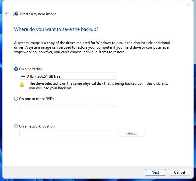 백업 위치 선택