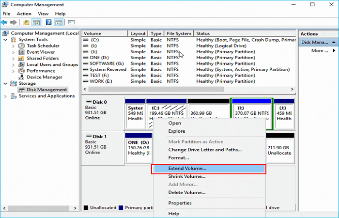 볼륨 확장을 선택하십시오