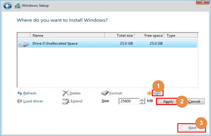 새로 만들기, 적용, 다음을 차례로 클릭합니다.