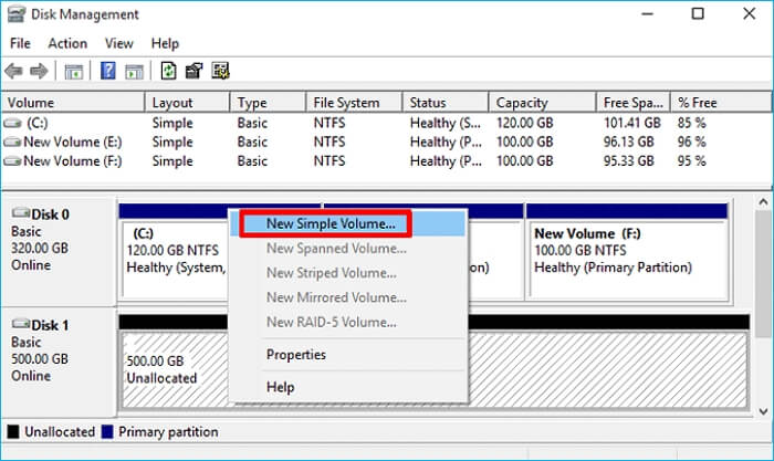 새 단순 볼륨 선택