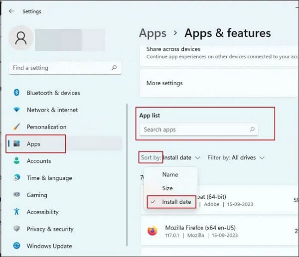 설치 날짜별로 앱 정렬
