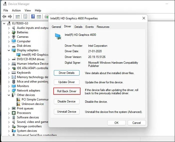 드라이버 롤백을 선택합니다.
