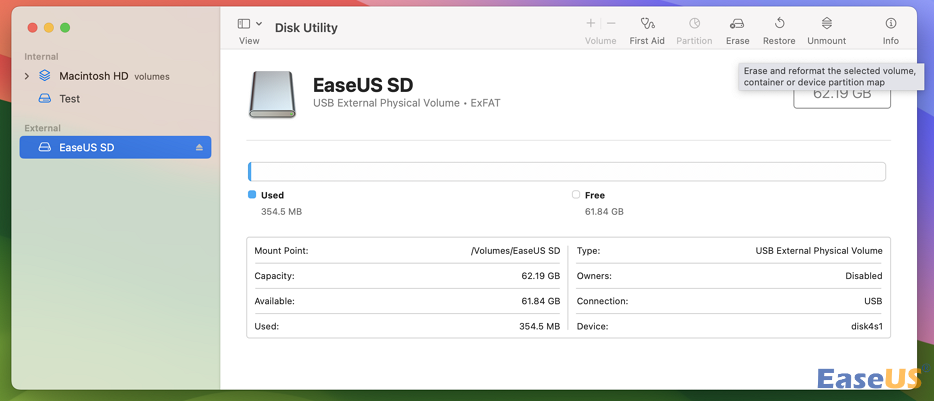 디스크 유틸리티에서 지우기를 클릭하세요