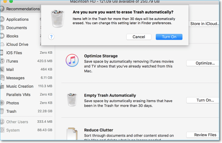 자동으로 휴지통 비우기 켜기를 클릭하세요.