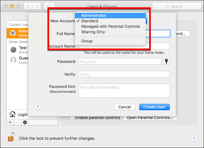 사용자 계정 유형 선택