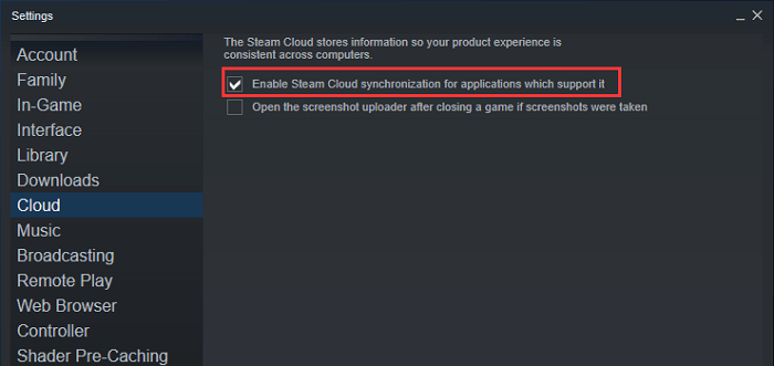 Steam 클라우드 동기화 활성화