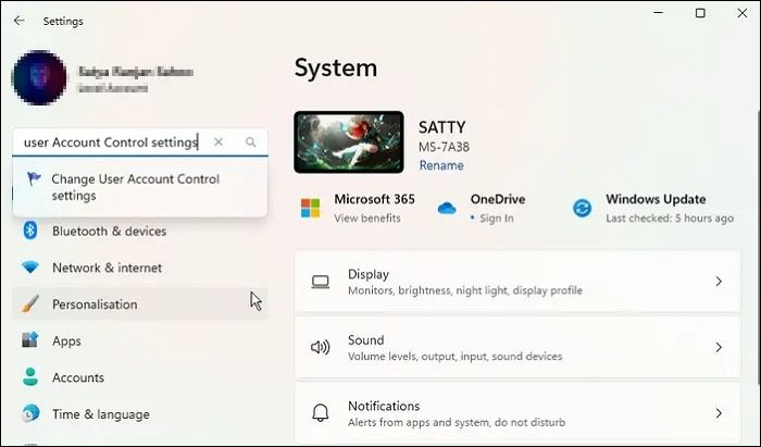 사용자 계정 컨트롤 설정 열기
