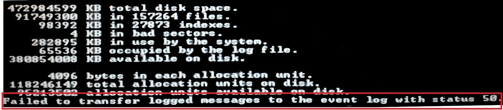 CHKDSK가 로그 된 메시지를 상태 50 인 이벤트 로그로 전송하지 못했습니다.