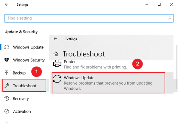 문제 해결로 이동하여 Windows 업데이트를 클릭합니다.