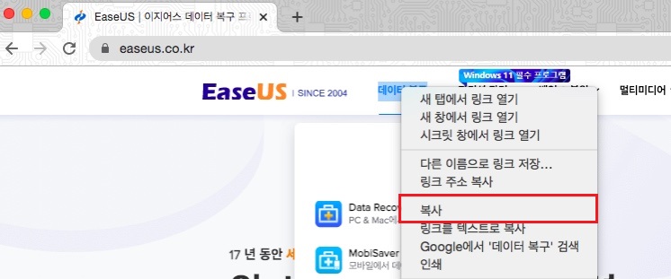 상황에 맞는 메뉴에서 복사 선택
