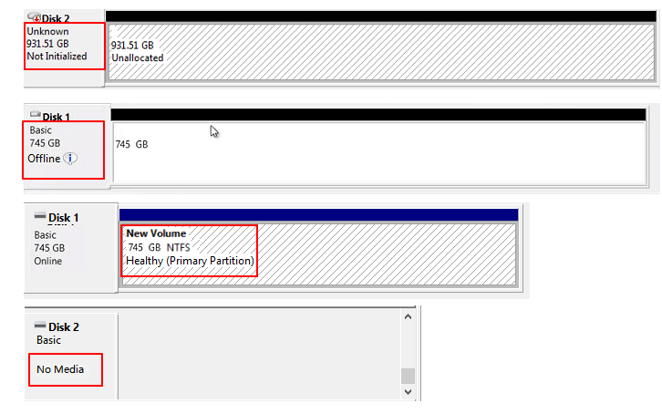 maxtor 외부 하드 드라이브가 디스크 내 관리를 알 수없는 오프라인 미디어없이 표시