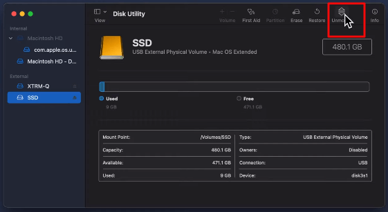 외장 하드 드라이브 마운트/마운트 해제