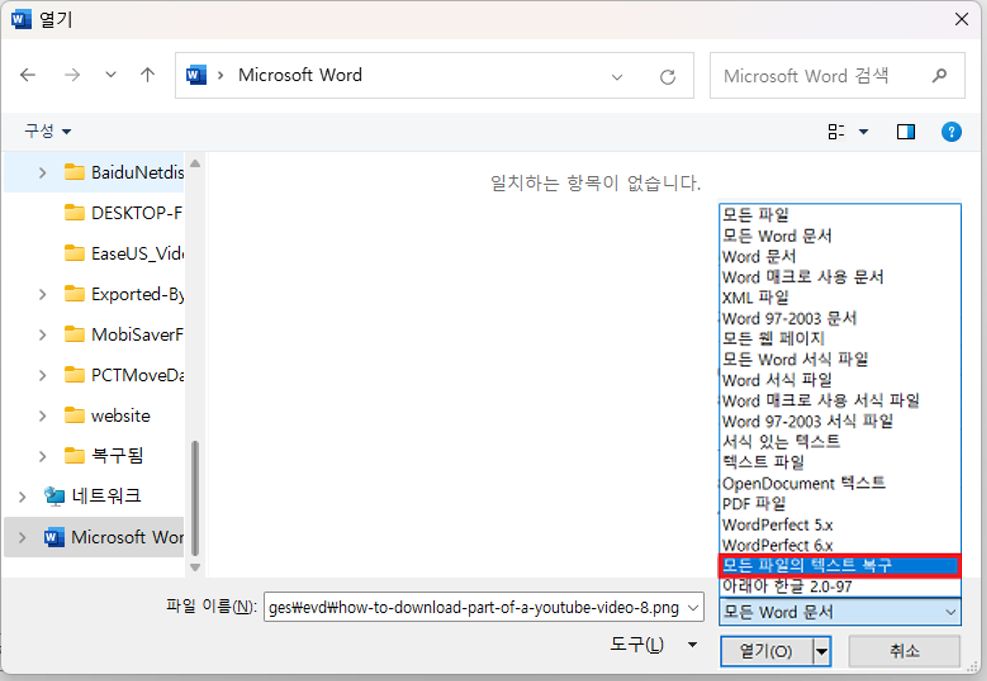 모든 파일 (*. *)에서 텍스트 복구