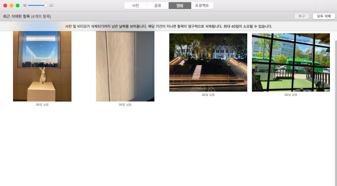 앨범에서 최근 삭제된 항목 보기