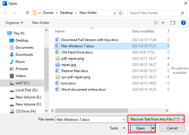 파일에서 텍스트 복구