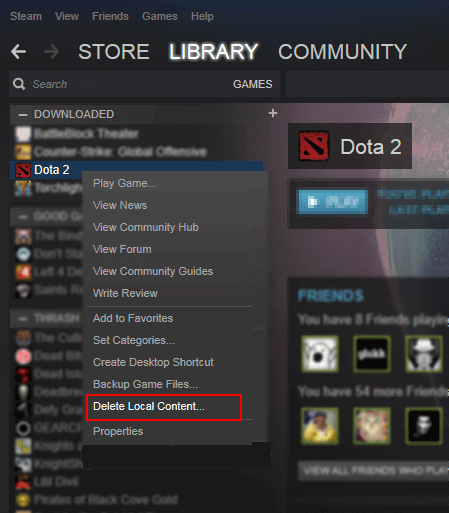 Steam 게임의 로컬 콘텐츠를 삭제합니다.
