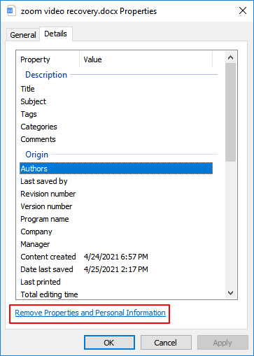 속성 및 개인 정보 제거