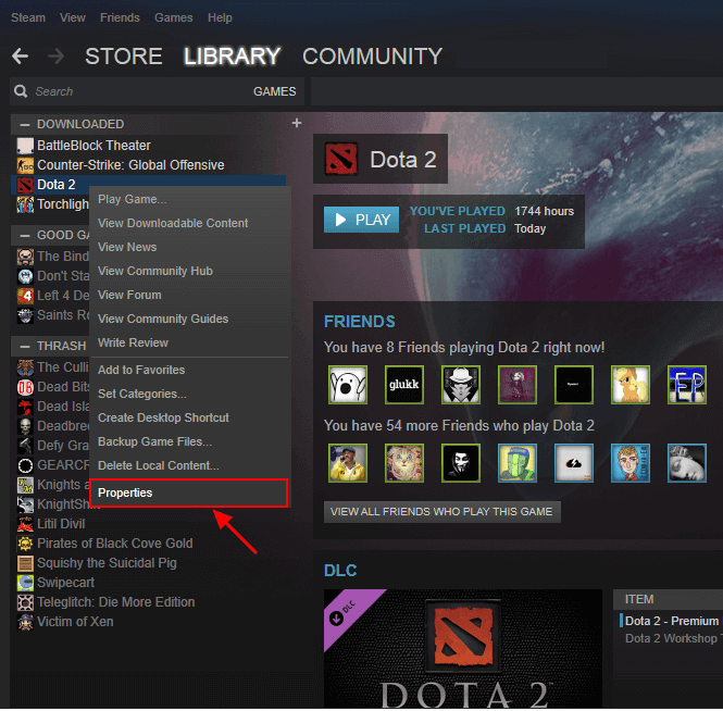 Steam 속성을 엽니다.
