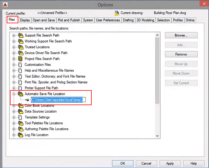 저장되지 않은 autocad 파일을 자동 저장에서 복원2