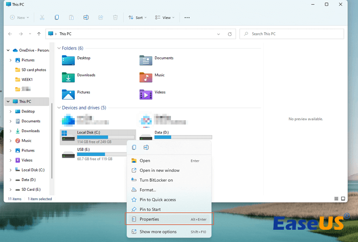 마우스 오른쪽 버튼 클릭 - 속성 선택