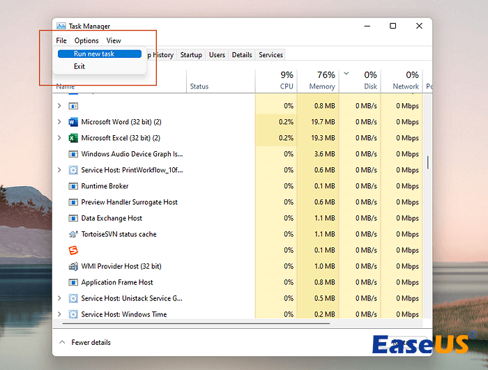 작업 관리자의 새 작업 망치기
