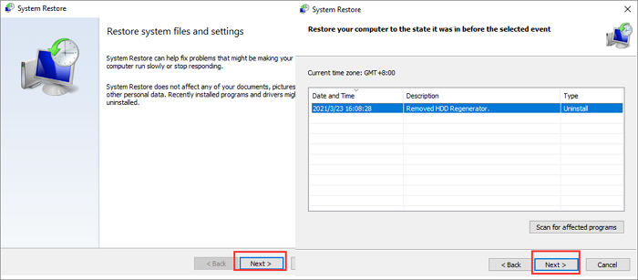 시스템 복원 마법사 시작