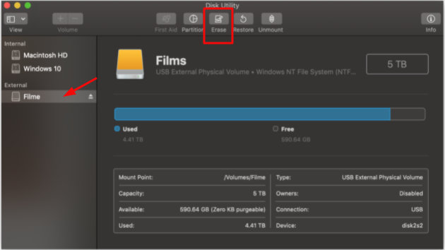 외장 드라이브를 선택하고 지우기를 클릭하십시오.