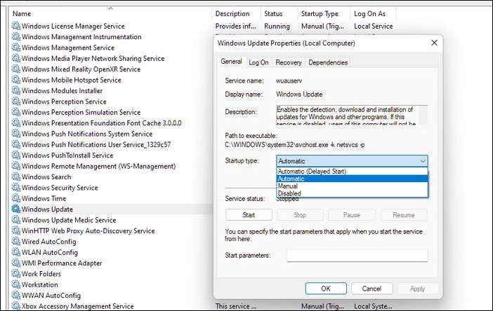 Windows 업데이트 관련 서비스를 시작합니다.