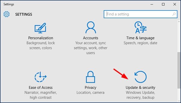 업데이트 및 보안을 선택하세요