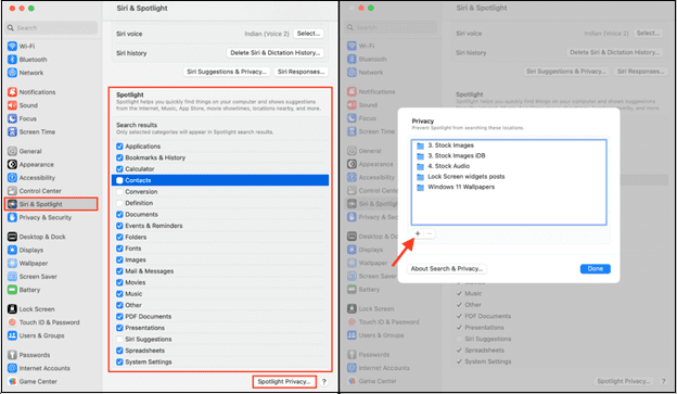 Siri와 Spotlight를 선택하고 개인 정보 보호에 주목한 후 더하기 기호를 누릅니다.