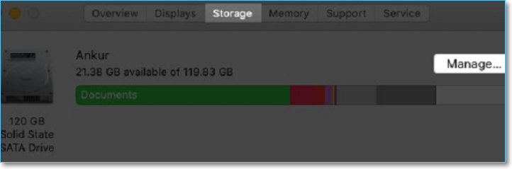 스토리지를 선택한 후 관리를 클릭하세요.