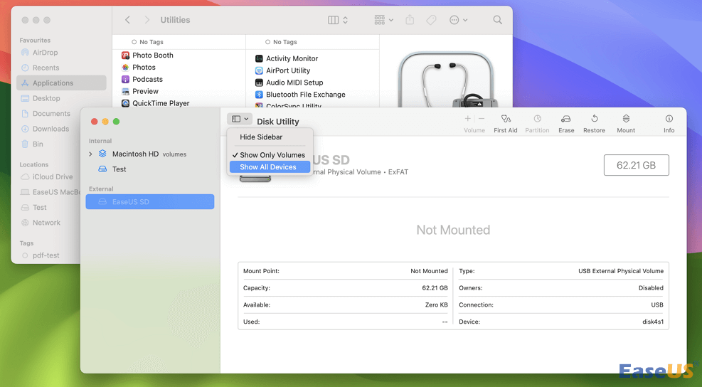 디스크 유틸리티에서 모든 장치 표시를 클릭하세요.